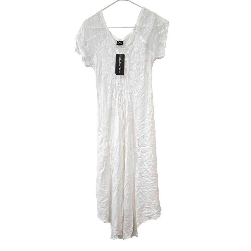 Fashion Force Sz Plus Womens White Coachella Embroidered Tunic Dress